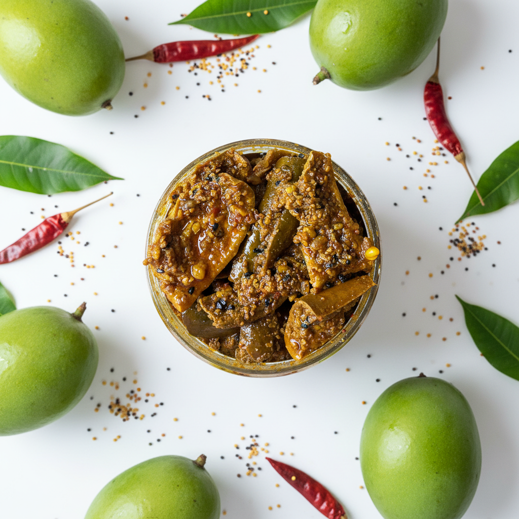 Punjabi Achar - White Background with Mango Leaves