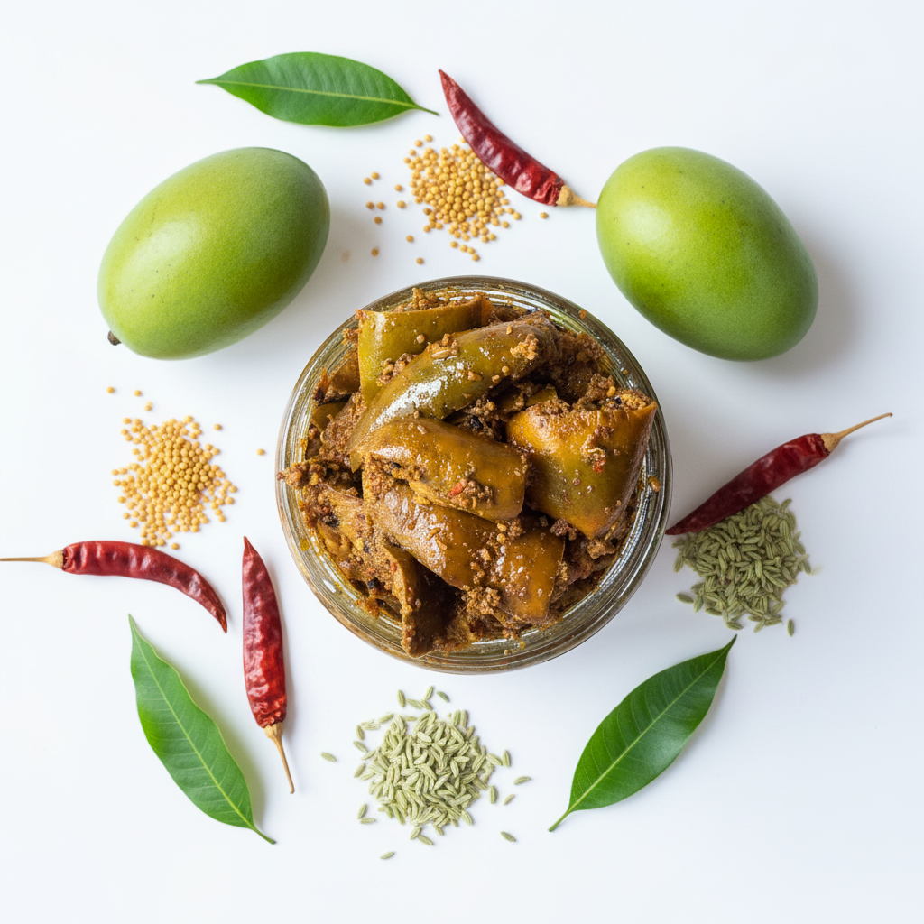 Punjabi Dried Mango Pickle - White Background with Props