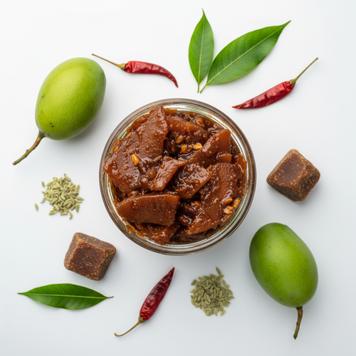 Sweet Spicy Mango Pickle - White Background Top Down